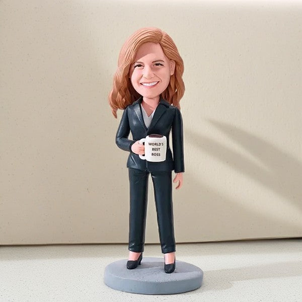 Female Business Christmas Gift Custom Bobblehead Gift World's Best Boss Holding A Water Glass