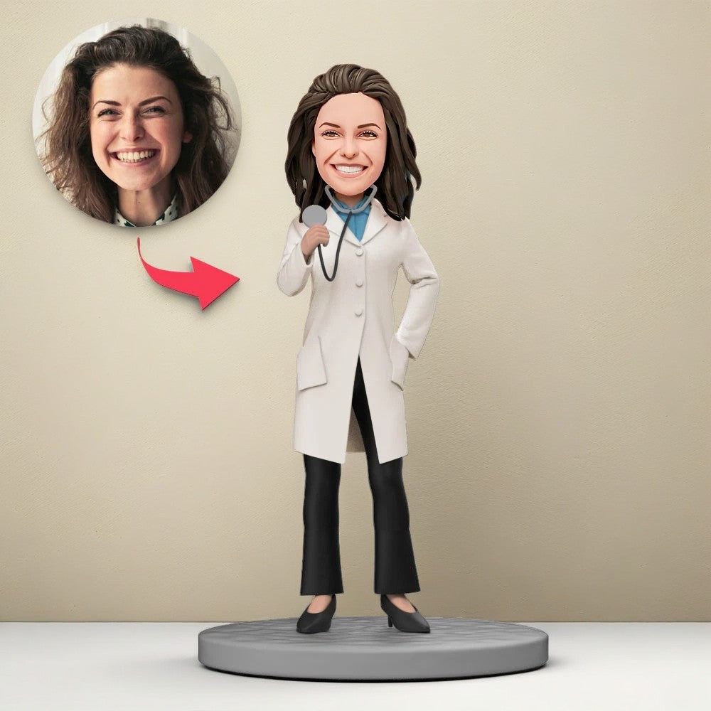 Pediatrician with Stethoscope in Hand Custom Bobblehead With Engraved Text