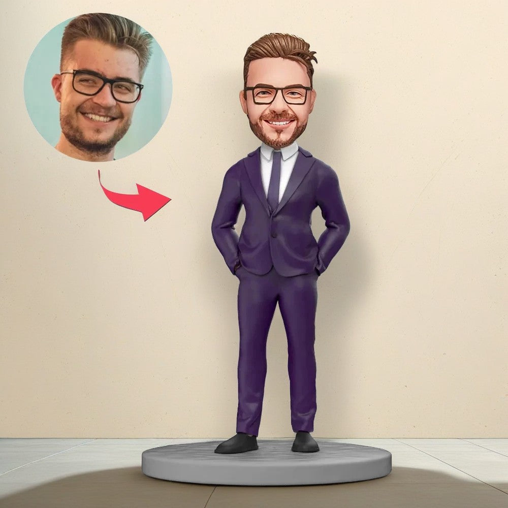 Male Boss with Hands in Pockets Custom Bobblehead with Engraved Text