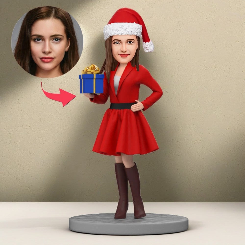 Christmas Gift Custom Bobble Head Beautiful Lady in Dress Holding Gift