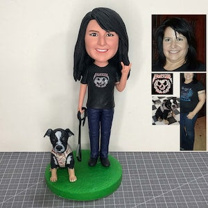 Fully Customizable Woman And Pet Custom Bobblehead With Engraved Text