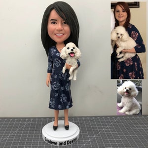 Fully Customizable Woman And Pet Custom Bobblehead With Engraved Text