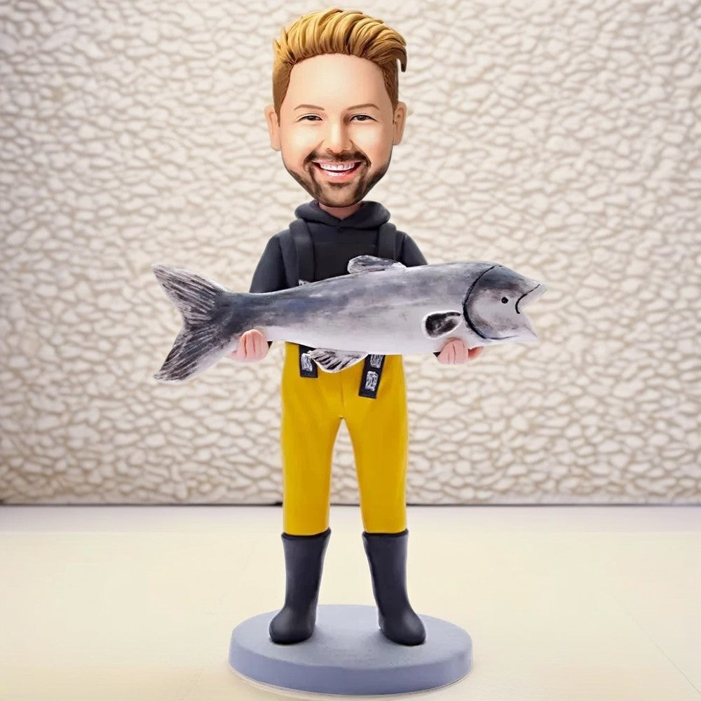 Custom Bobblehead Holding Fish Man With Engraved Text