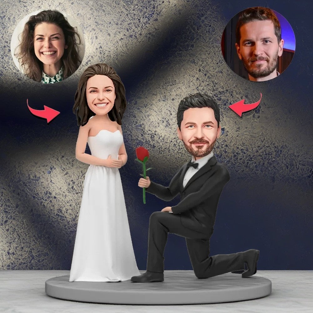 Kneel Down On One Knee To Propose Couple Custom Bobblehead With Engraved Text