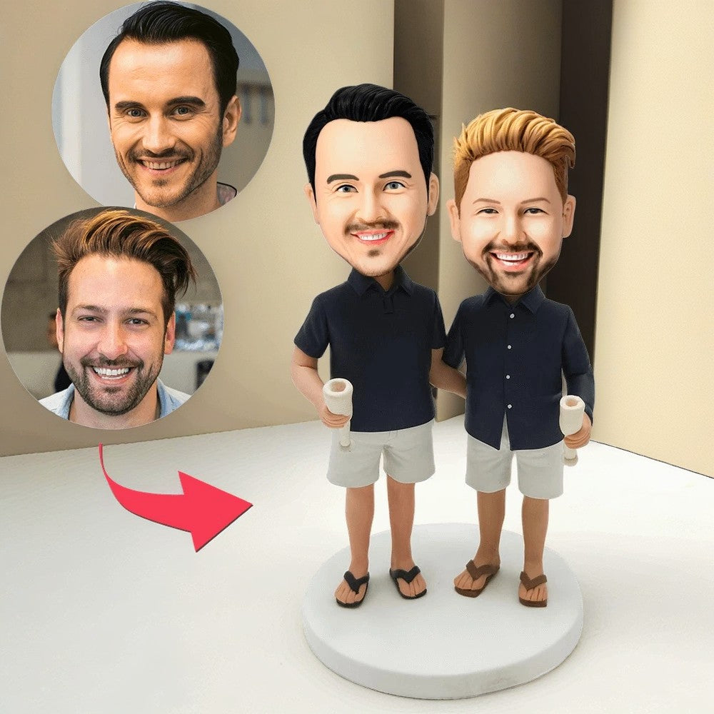 Casual Same-sex Male Couple Custom Bobblehead With Engraved Text