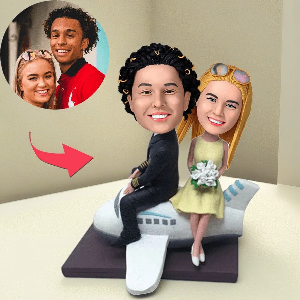 Couple On A Plane Custom Bobblehead With Engraved Text