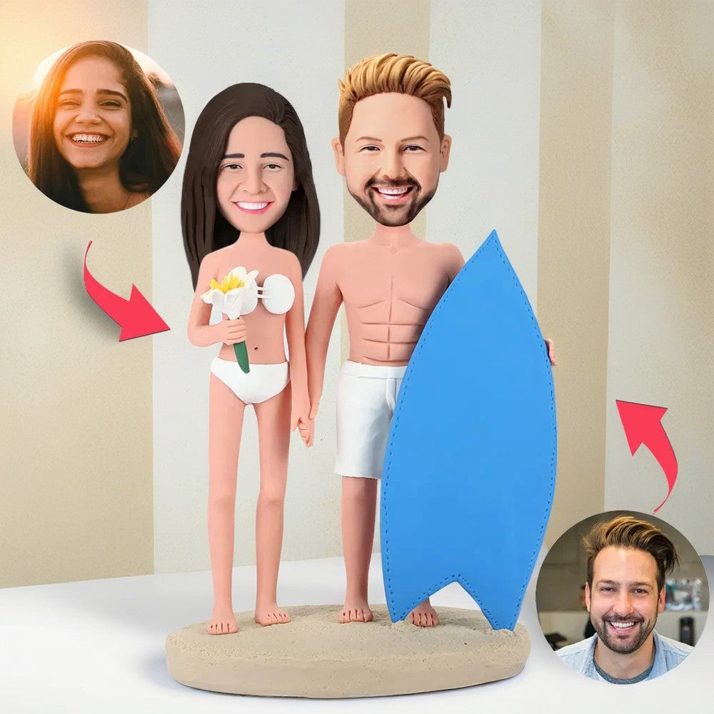 Surfing Couple Custom Bobblehead With Engraved Text