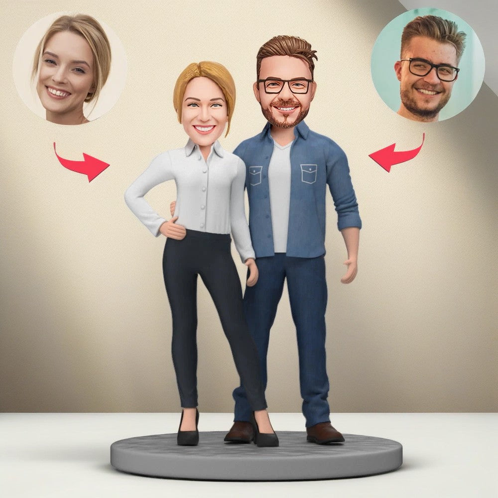 Valentine's Day Custom Bobblehead Casual Couple Wearing Shirts Gift For Couple