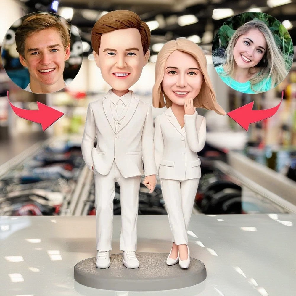 Wedding Gift White Suit Custom Bobblehead with Engraved Text