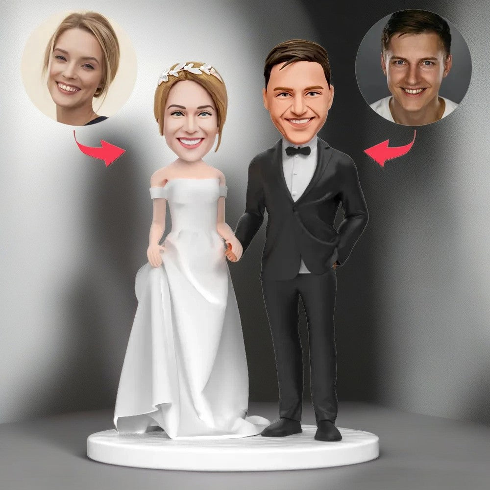 Couple Wedding White Wedding Dress Black Suit Custom Bobblehead Engraved with Text