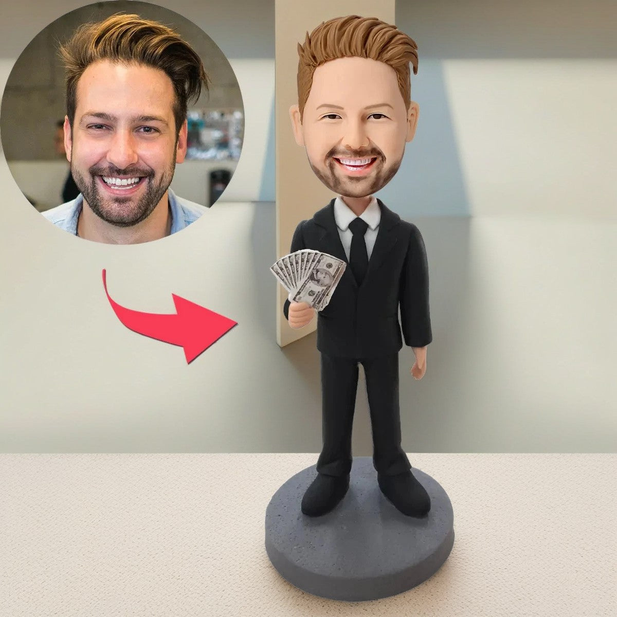 Male Executive In Black Suit Holding Money Custom Bobblehead With Engraved Text