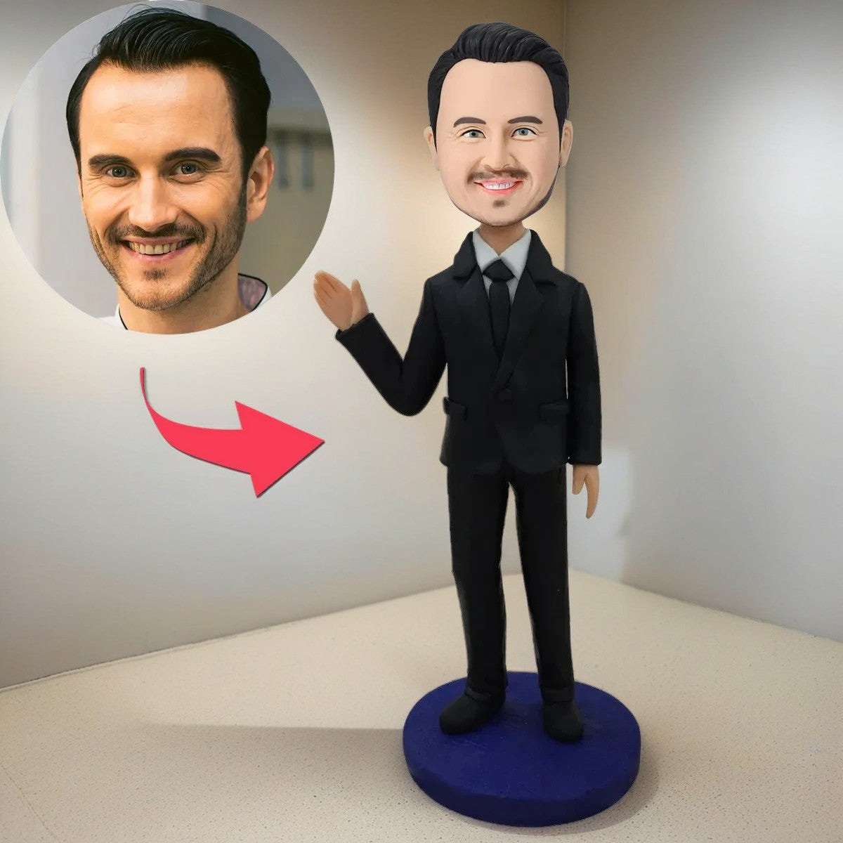 Male Executive In Black Suit Waving His Hand Custom Bobblehead With Engraved Text