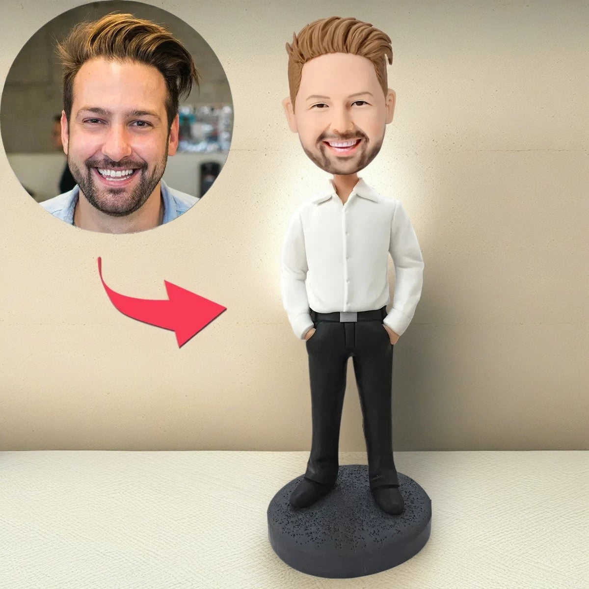 Slender Business White Shirt Male Custom Bobblehead With Engraved Text