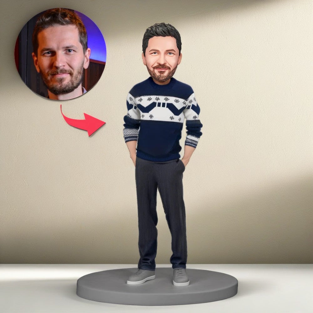 Christmas Gift Custom Bobble Head Handsome Man Wearing Blue Christmas Sweater