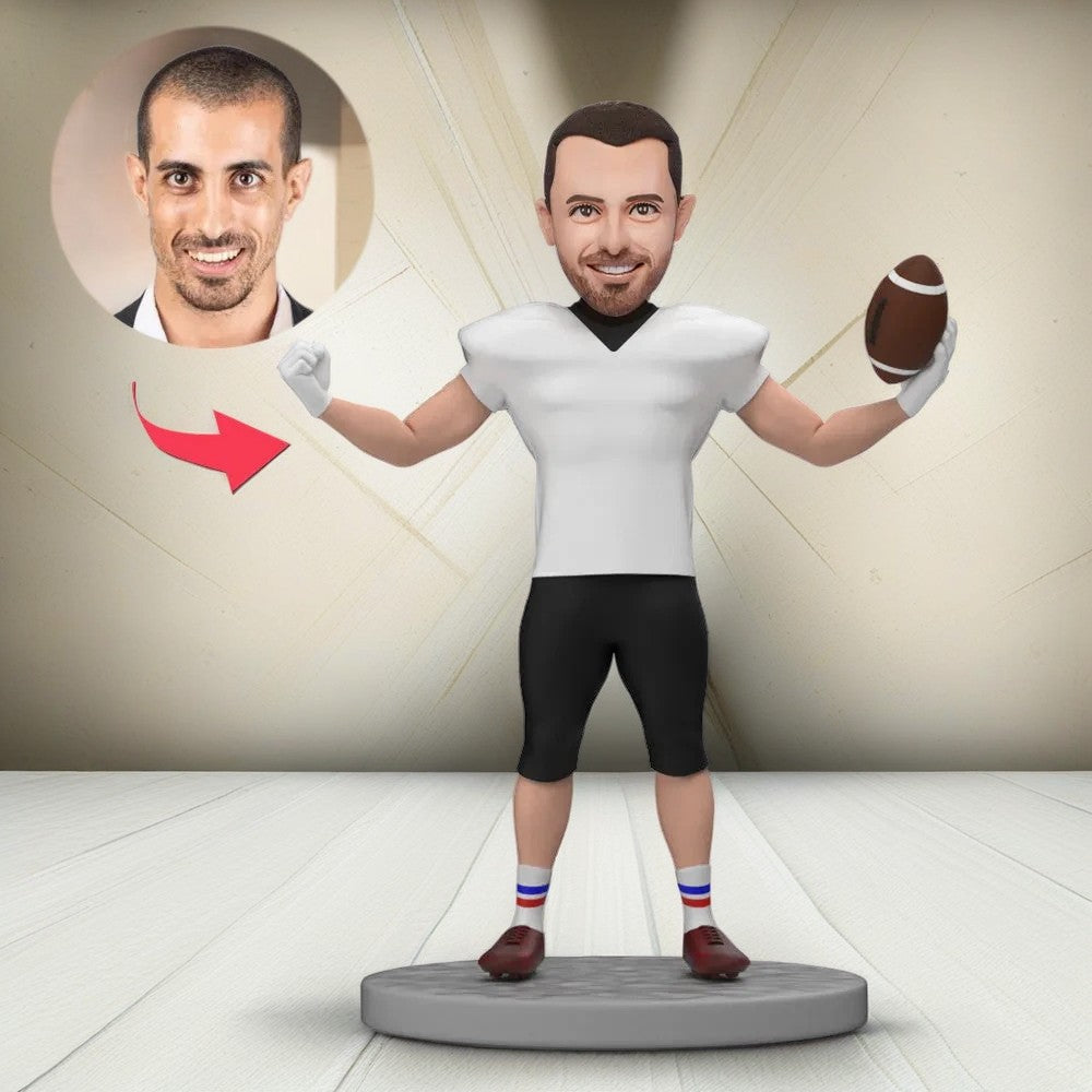 Custom Bobblehead American Football Player Celebrating in White Sportswear