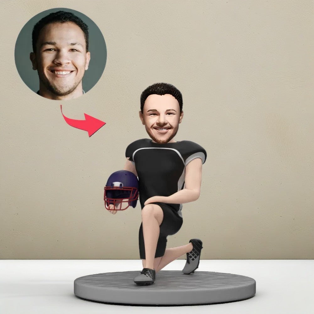 Custom Bobblehead Posing Football Player Holding Helmet