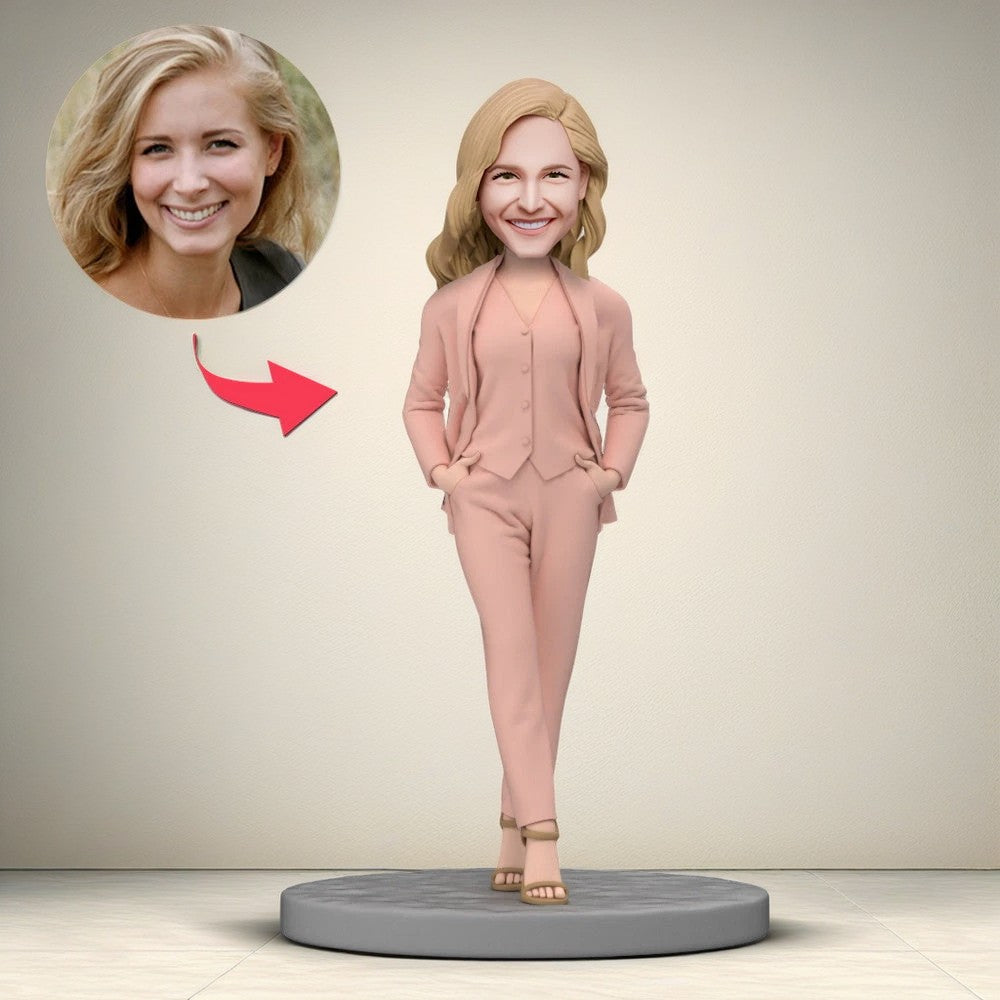 Business Woman Wear Pink Suit Custom Bobbleheads with Engraved Text for Mom