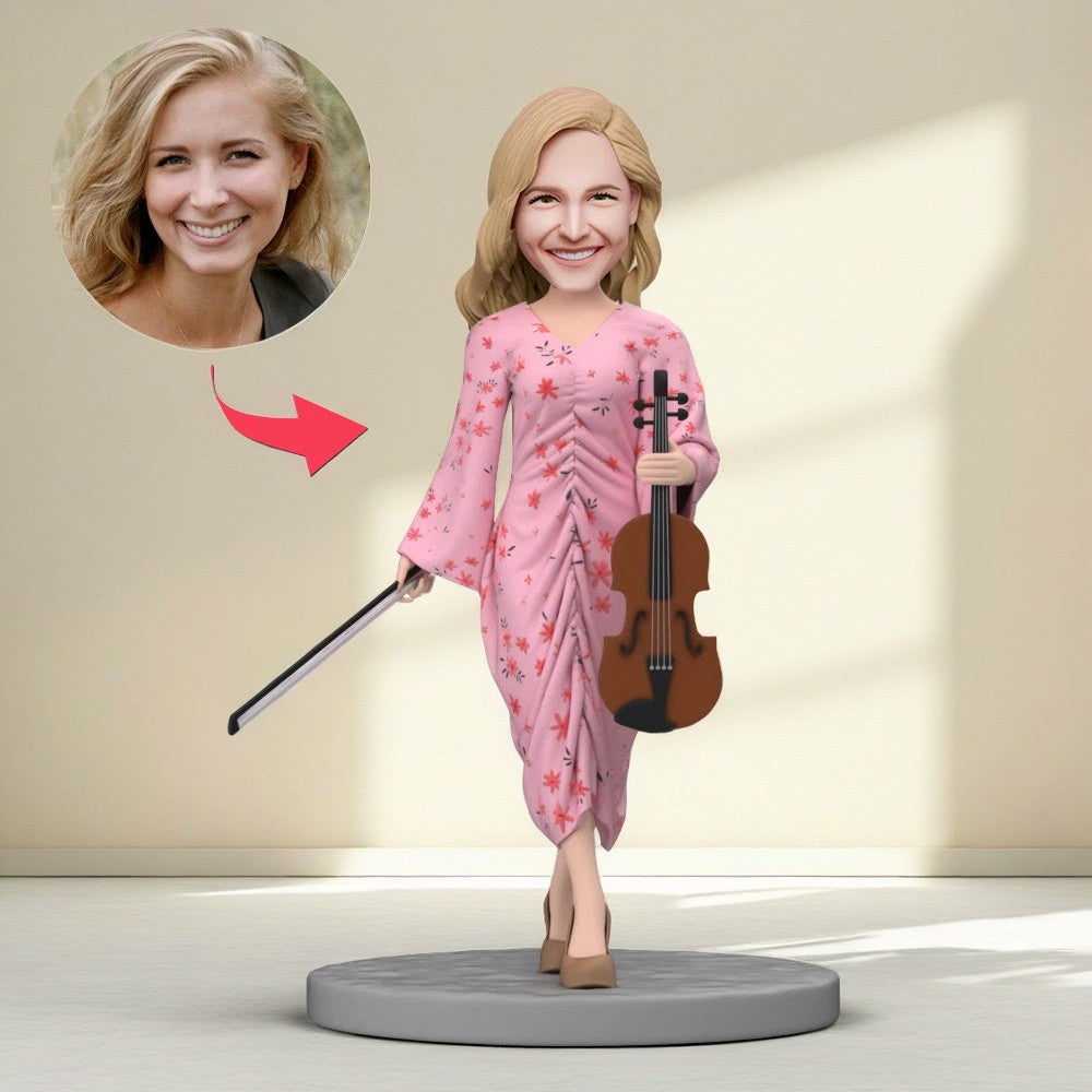 Custom Bobbleheads Woman Wear Pink Dress Hold Violin with Engraved Text for Mom