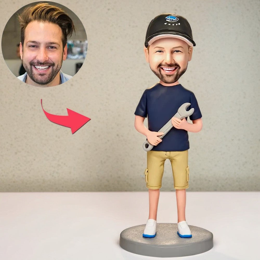 Man Holding Wrench Custom Bobblehead With Engraved Text