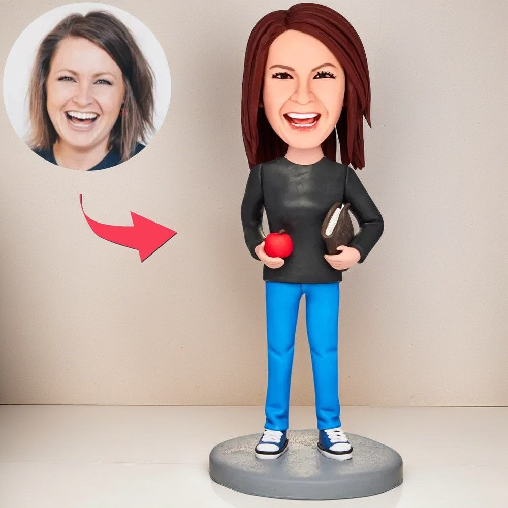 Female Teacher Holding Apple And Book Custom Bobblehead With Engraved Text