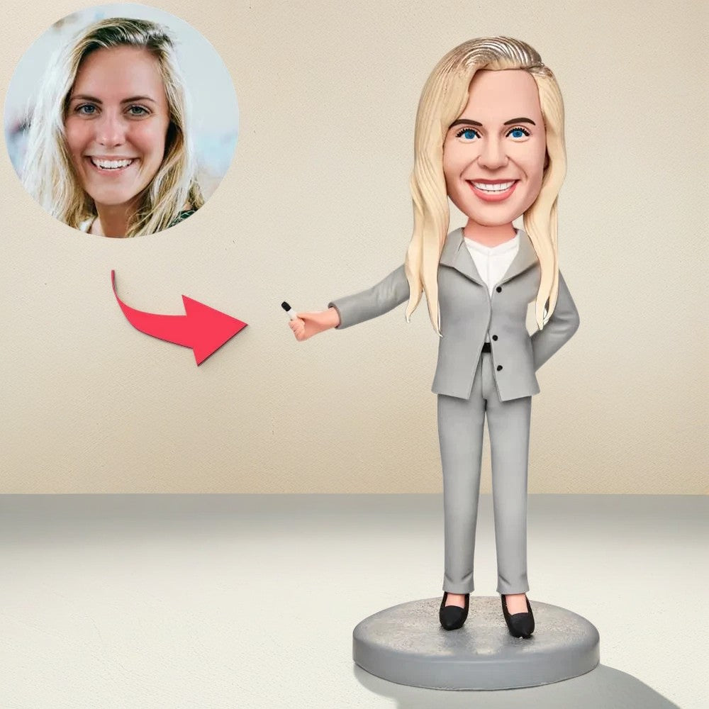 Teacher Pointing At Blackboard Custom Bobblehead With Engraved Text