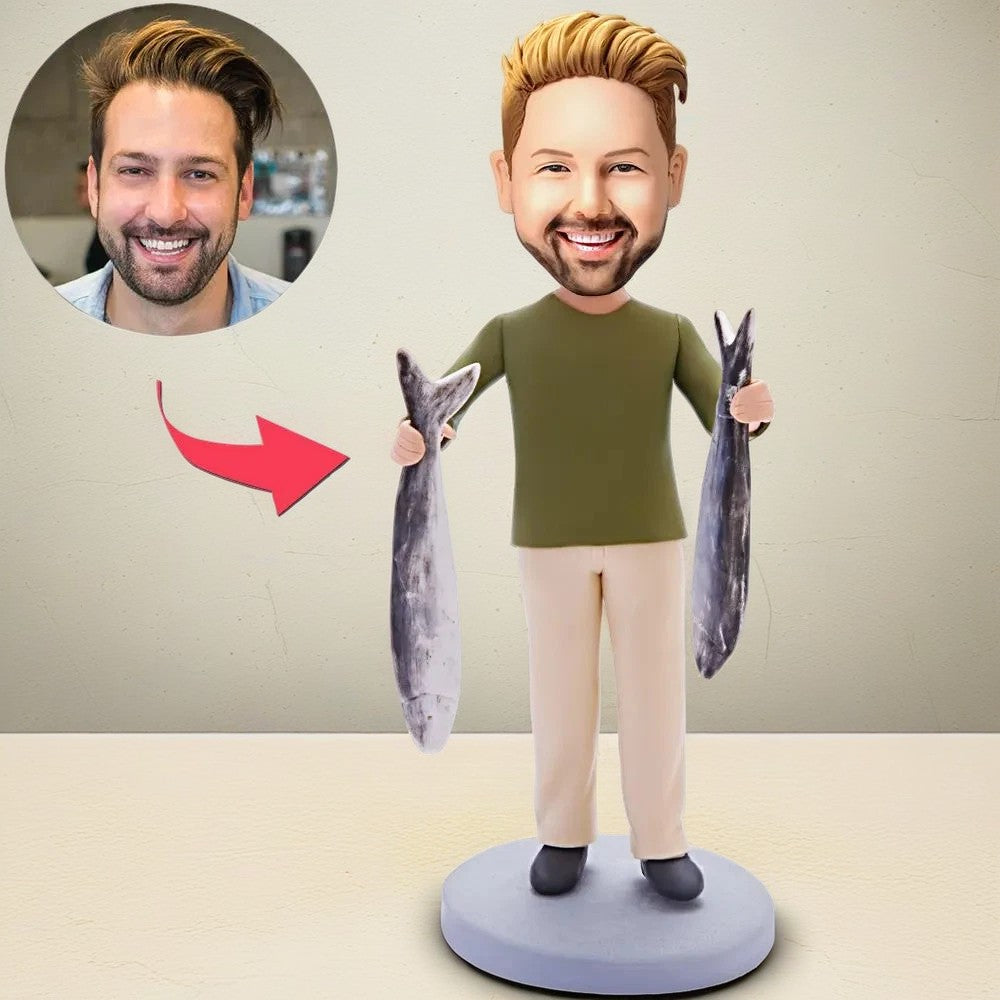 Custom Bobblehead Man Carrying Two Small Fish With Engraved Text