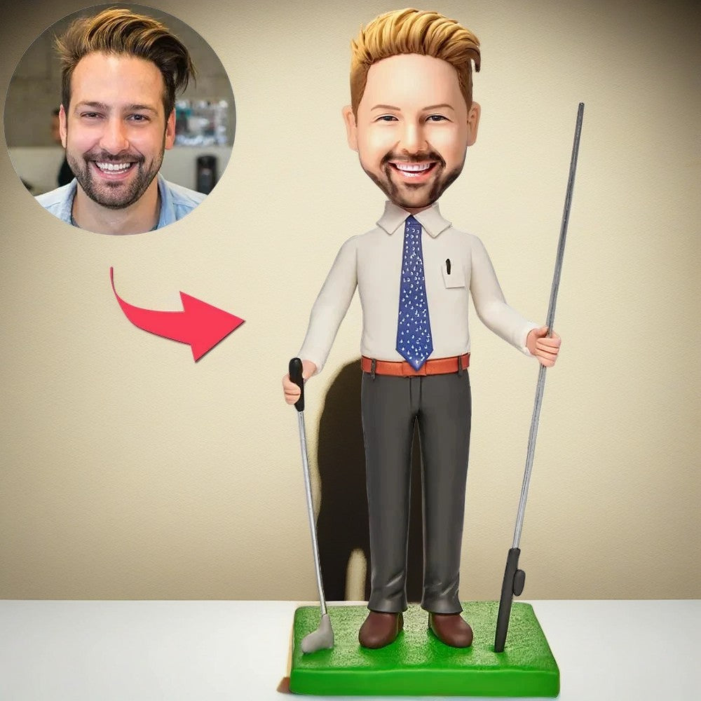 White Business Suit Golf Club Custom Bobblehead with Engraved Text