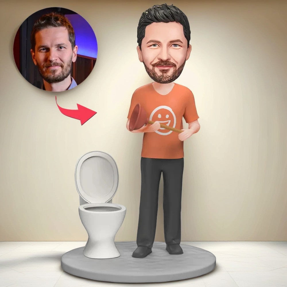 Man Cleans the Toilet Custom Bobblehead Engraving with Text