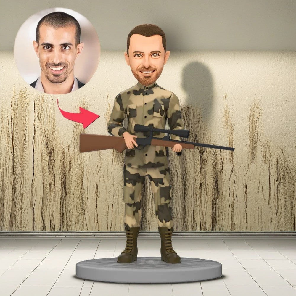 Wearing Camouflage Clothing with Gun Custom Bobblehead Engraved with Text