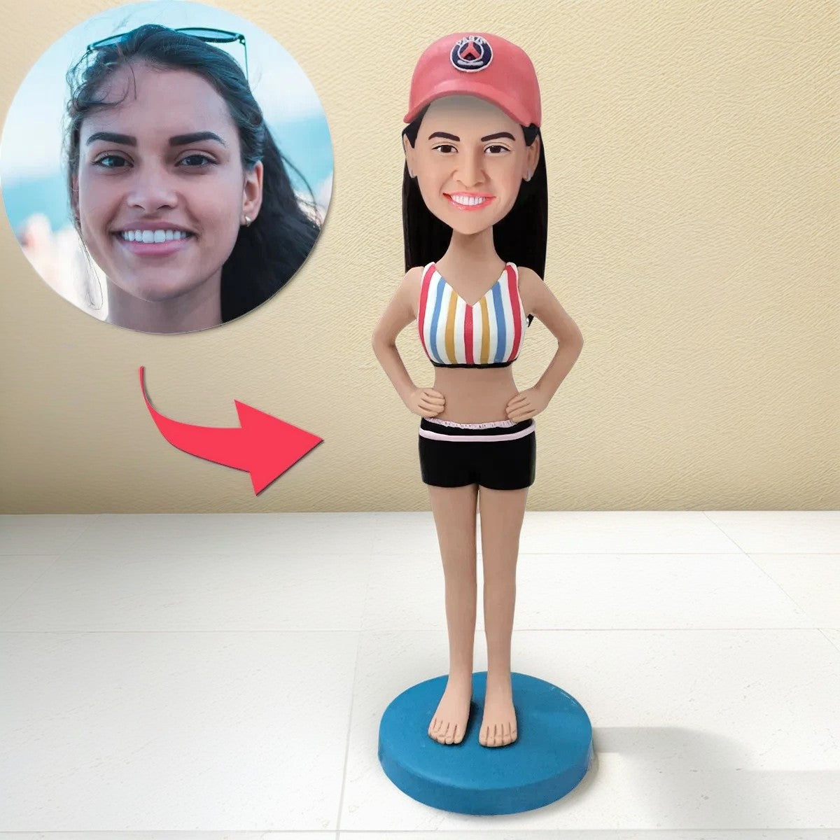 Woman In Stylish Bathing Suit Custom Bobblehead With Engraved Text