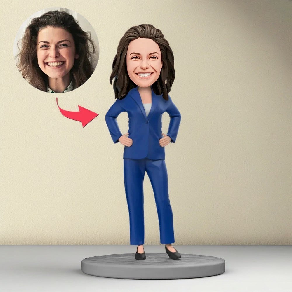 Female Boss Blue Suit Crossed Arms Custom Bobblehead with Engraved Text