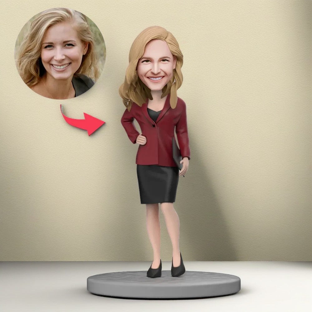 Female Boss with Red Suit and Short Skirt Custom Bobblehead with Engraved Text