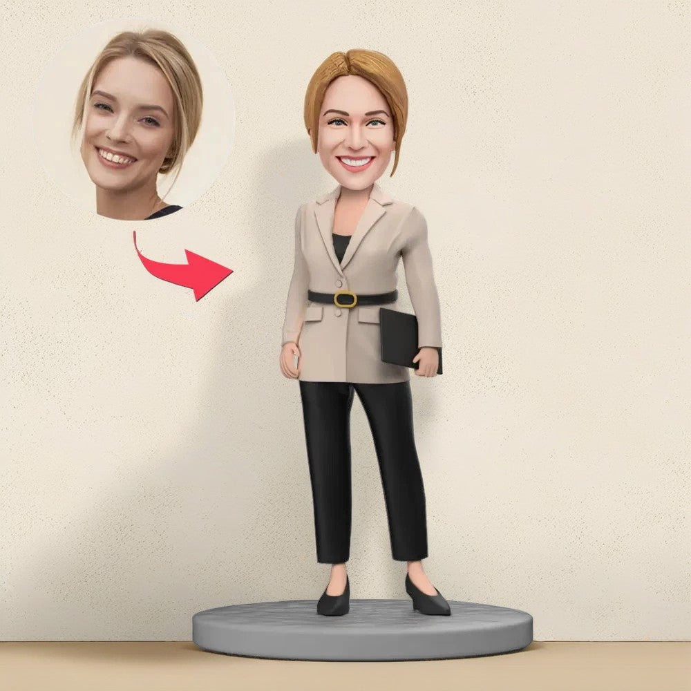 Office Lady Beige Jacket with Black Pants Custom Bobblehead with Engraved Text