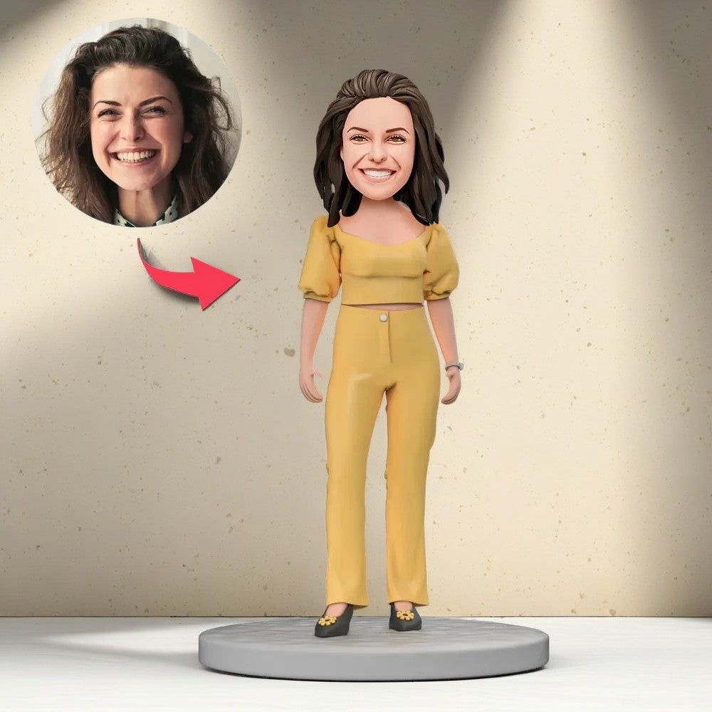 Yellow Suit Fashion Female Boss Custom Bobblehead with Engraved Tex