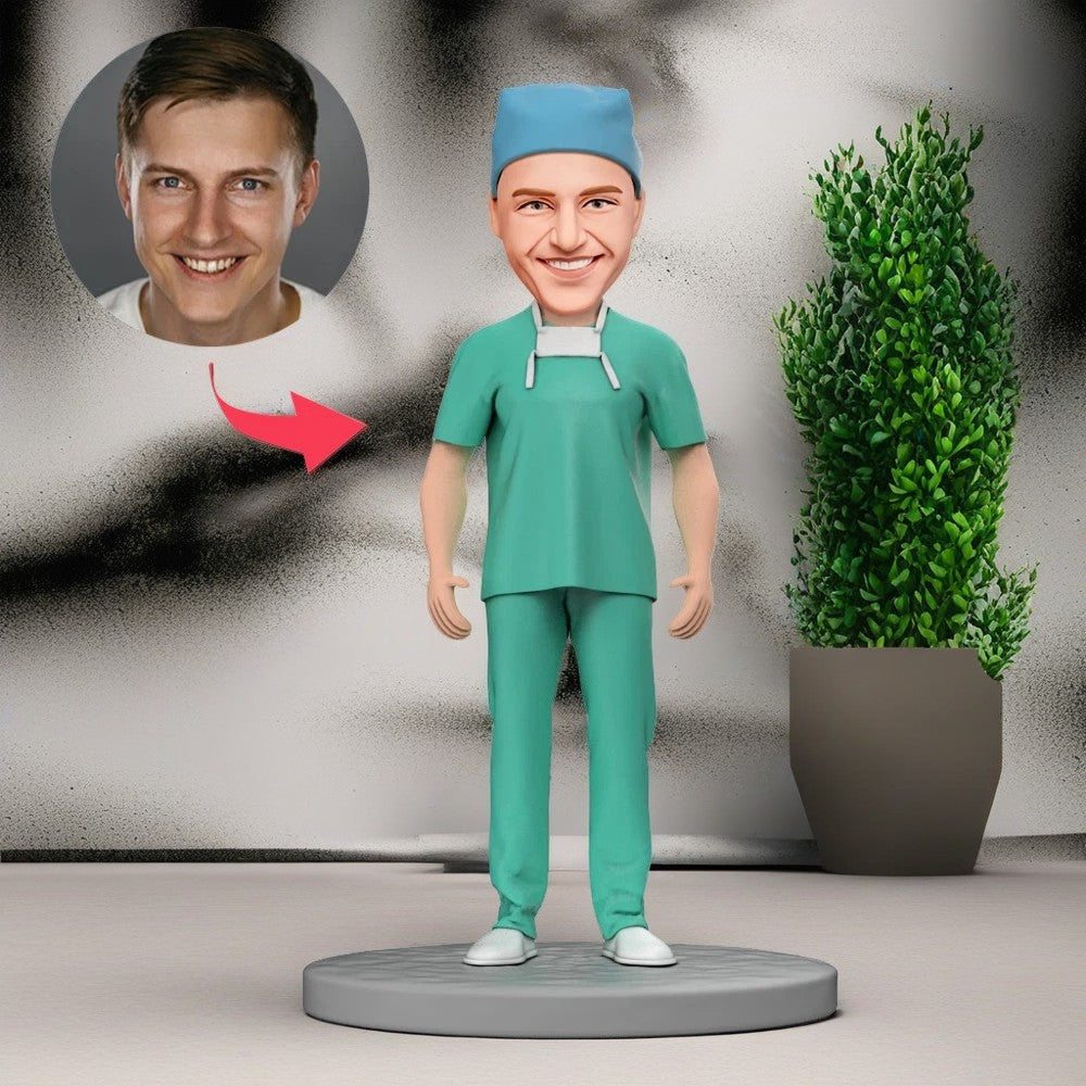 Anesthesiologists in Blue Scrubs Custom Bobblehead With Engraved Text