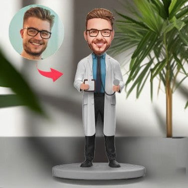 Male Doctor with Stethoscope and Medical Record Book Custom Bobblehead With Engraved Text