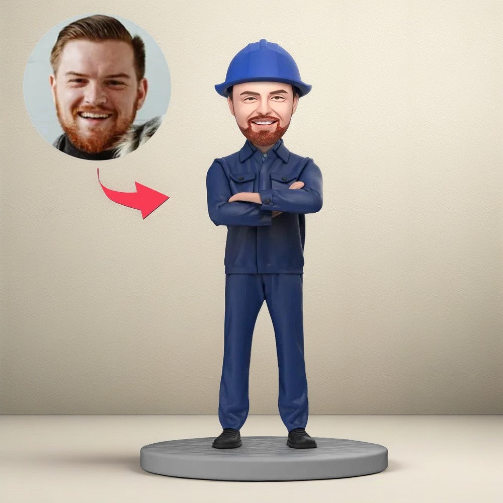 Mechanical Engineer in Blue Overalls Custom Bobblehead With Engraved Text