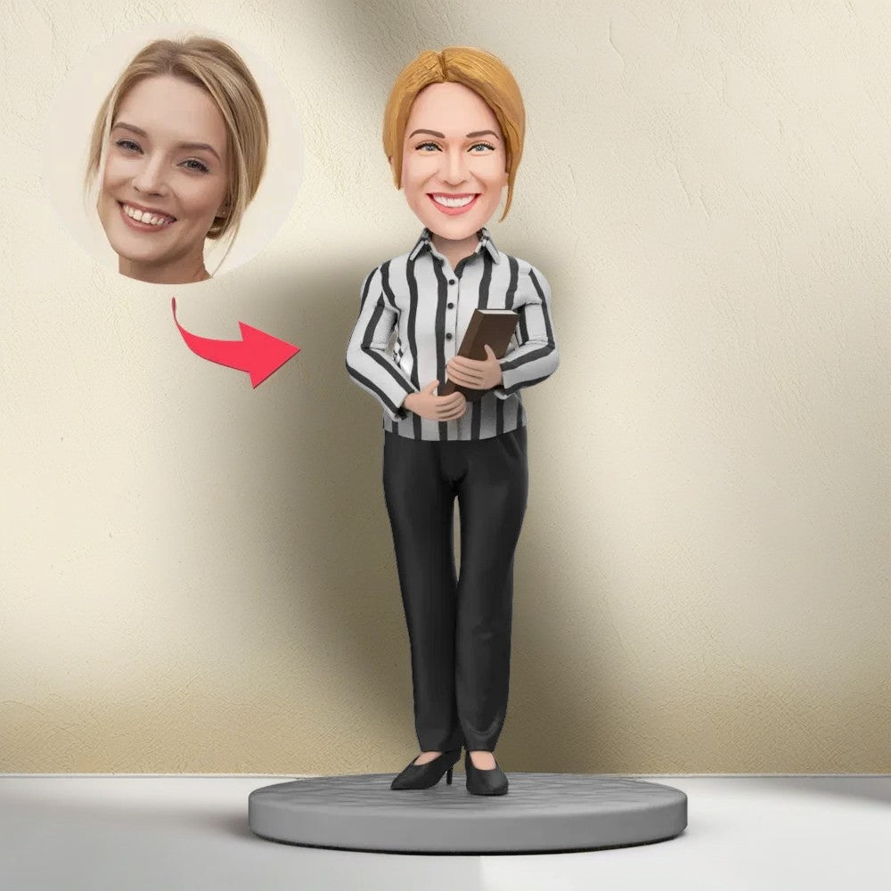 Female Teacher in Striped Shirt Custom Bobblehead With Engraved Text