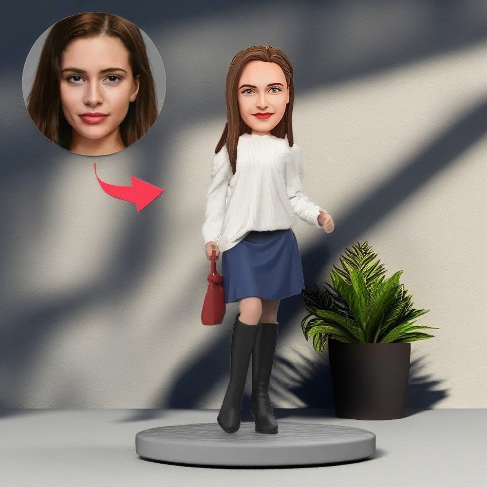 White Sweater And Boots Custom Bobblehead With Engraved Text