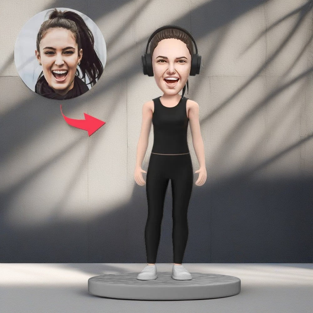 Girl in Black Sportswear Custom Bobblehead With Engraved Text