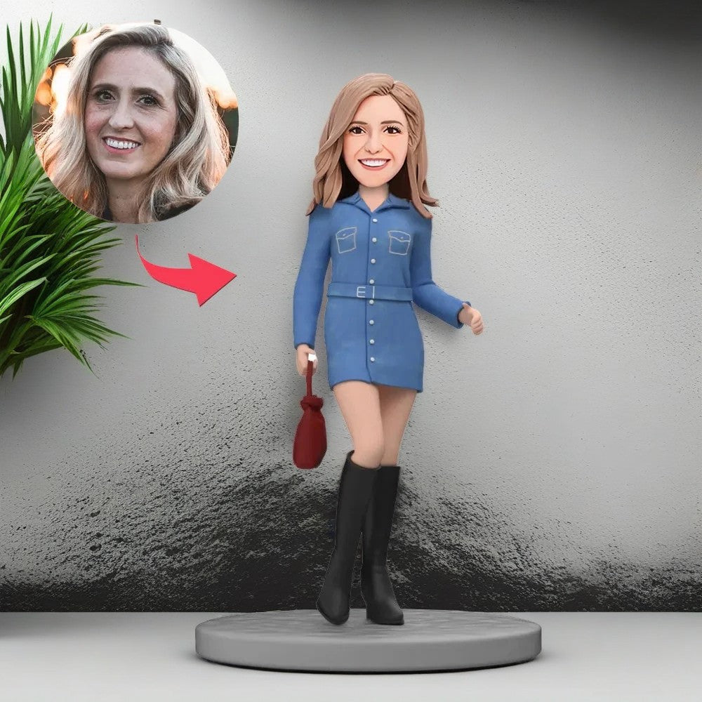 Fashion Lady in Denim Skirt and Black Boots Custom Bobblehead With Engraved Text