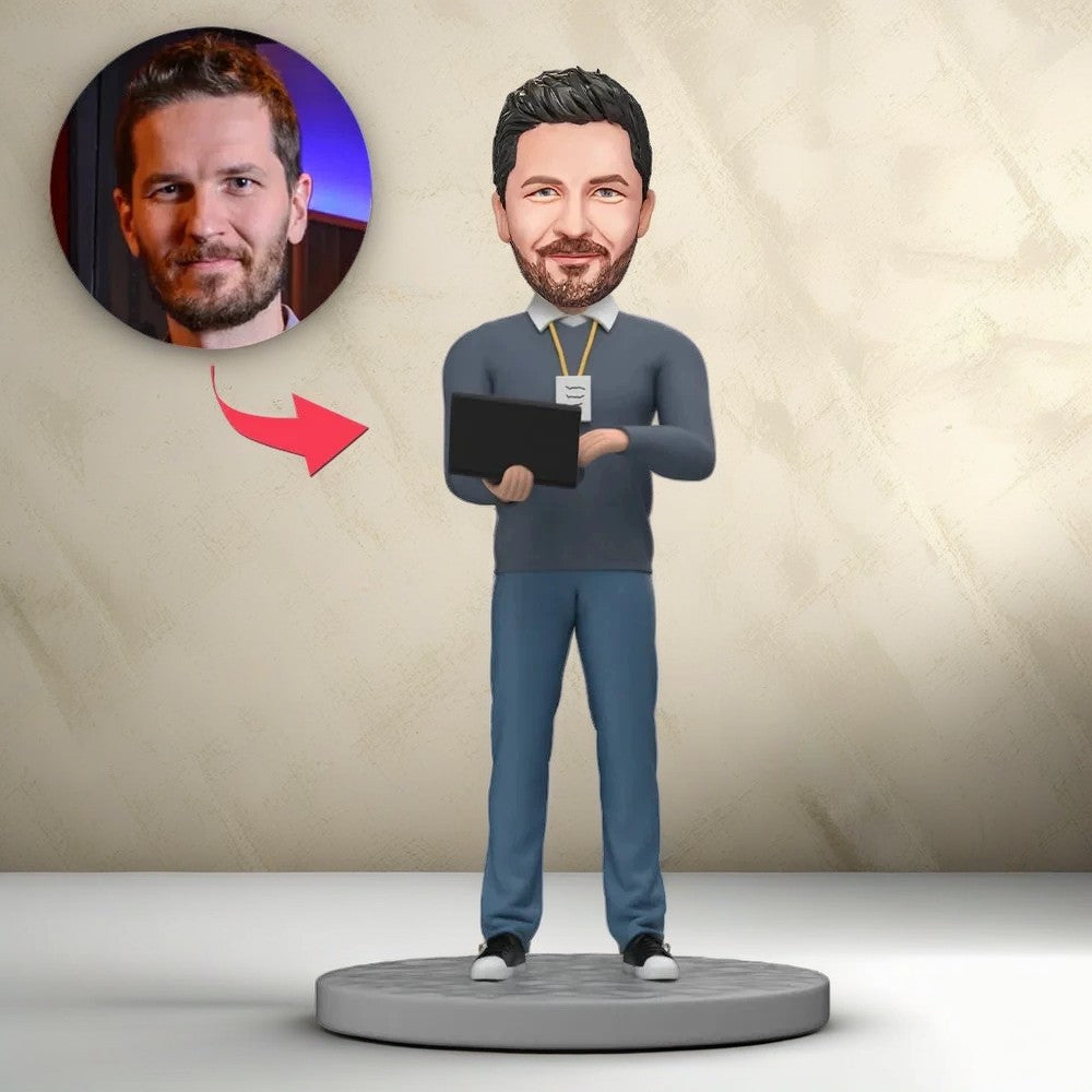 Custom Bobblehead Software Engineer Holding Laptop and Showing Badge