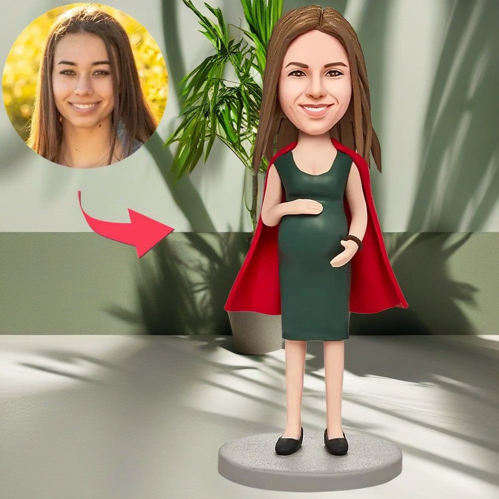 Pregnant New Mom Super Mom in Red Cape Custom Bobblehead With Engraved Text