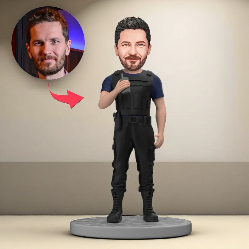 Custom Bobblehead Handsome Policeman in Body Armor With Walkie Talkie in Hand