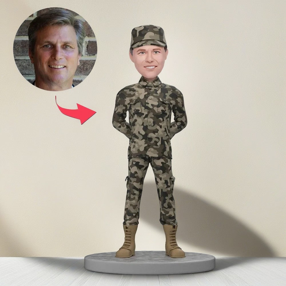 Custom Military Bobblehead With Engraved Text - Army Soldier in Uniform