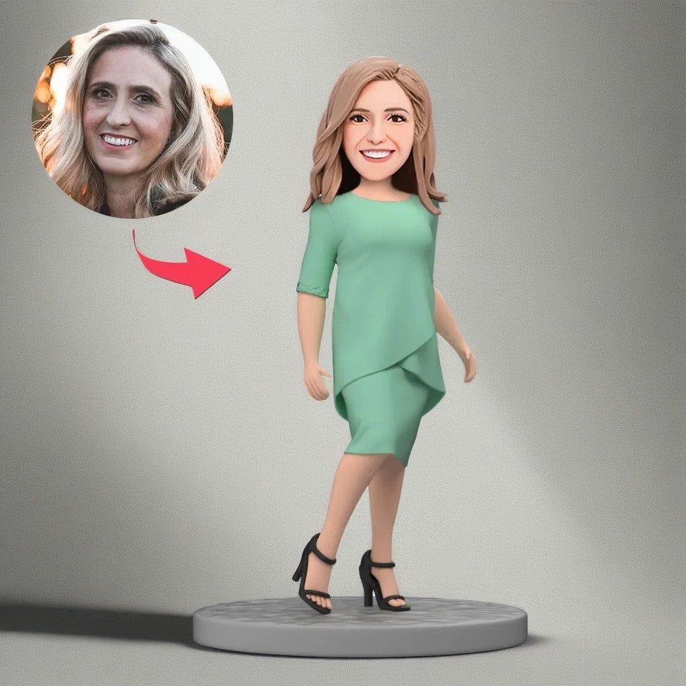 Mother's Day Gift Custom Bobblehead - Fashion Mom in A Green Dress