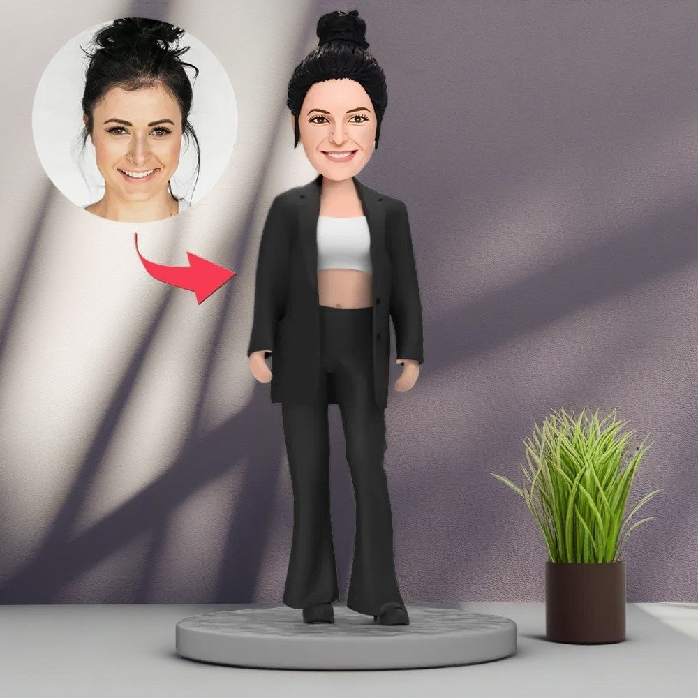 Modern Girl in Black Oversize Suit Custom Bobblehead With Text