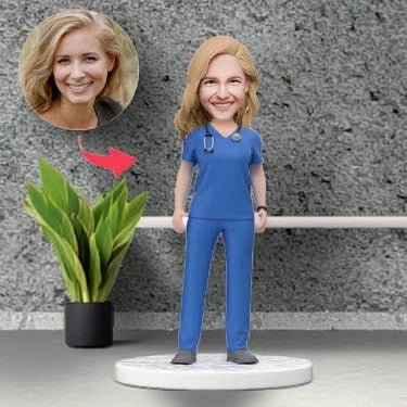 Custom Female Doctor Bobblehead in Blue Scrubs with Engraved Text National Doctor's Day Gift