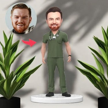 Custom Male Doctor Bobblehead in Green Scrubs with Engraved Text National Doctor's Day Gift