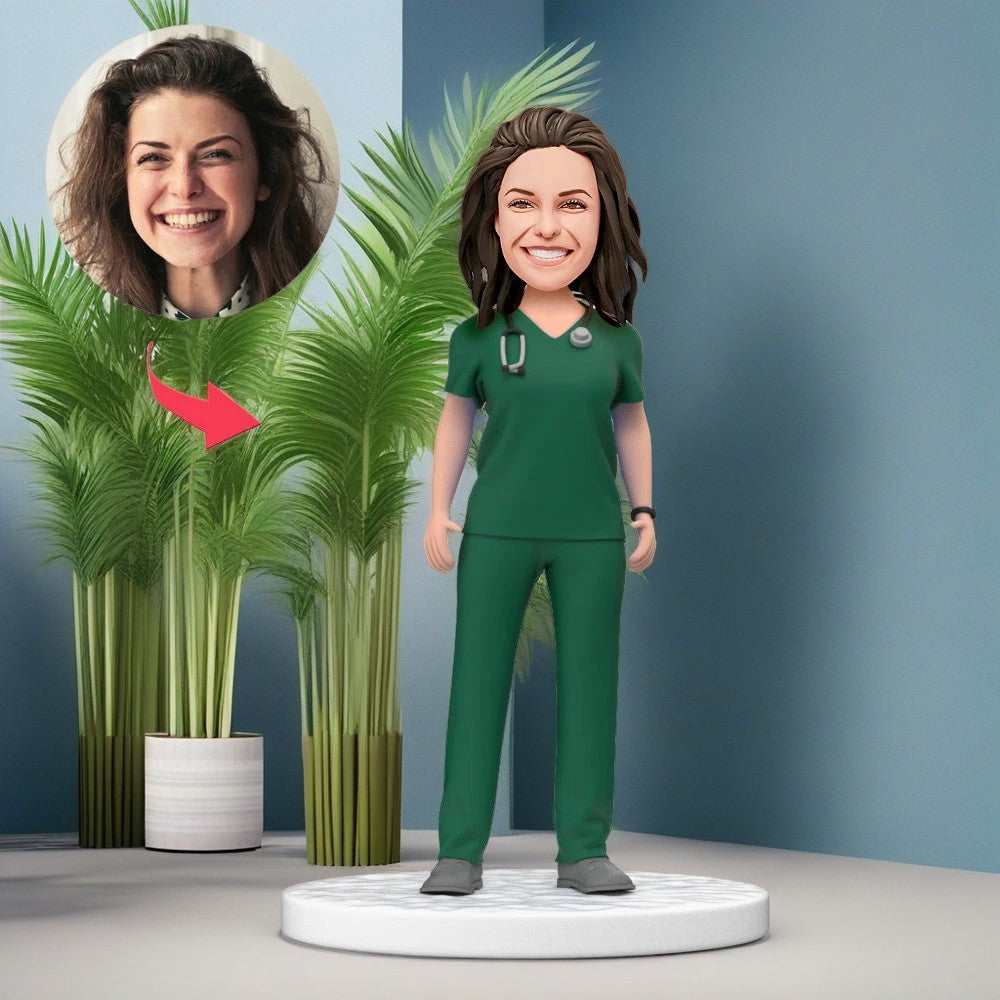 Personalized Female Doctor Bobblehead in Green Scrubs with Engraved Text National Doctor's Day Gift